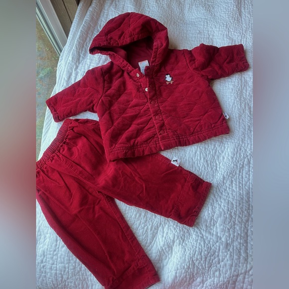 Vintage 90s baby 2 piece Red Quilted Corduroy Penguin Outfit : Jacket + Pants - Picture 1 of 16